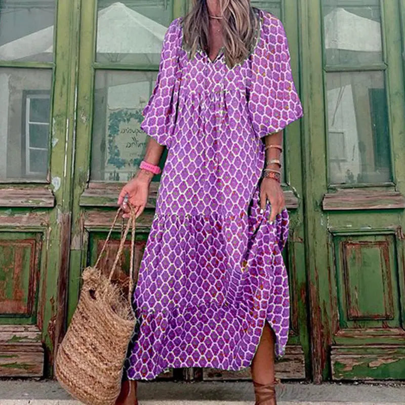 Summer Women's Vintage Printed Bohemian Dress Elegant Ladies Casual Loose V-Neck Short Sleeve Long Dresses ORIS WEAR
