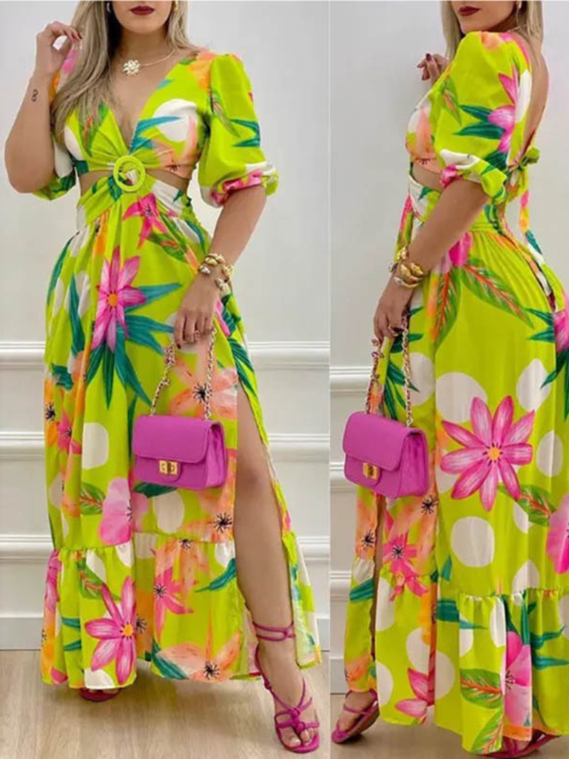 Robe Longue Bohème Decorative Col V Fendu ORIS WEAR