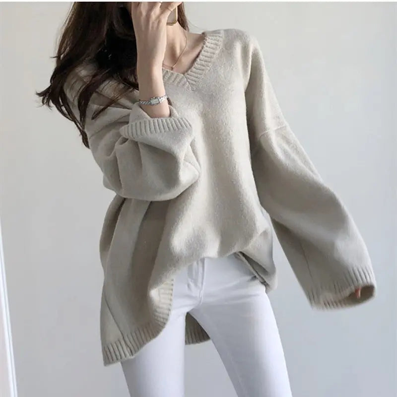 Veste-pull ample en maille unie pour femme à col en V ORIS WEAR