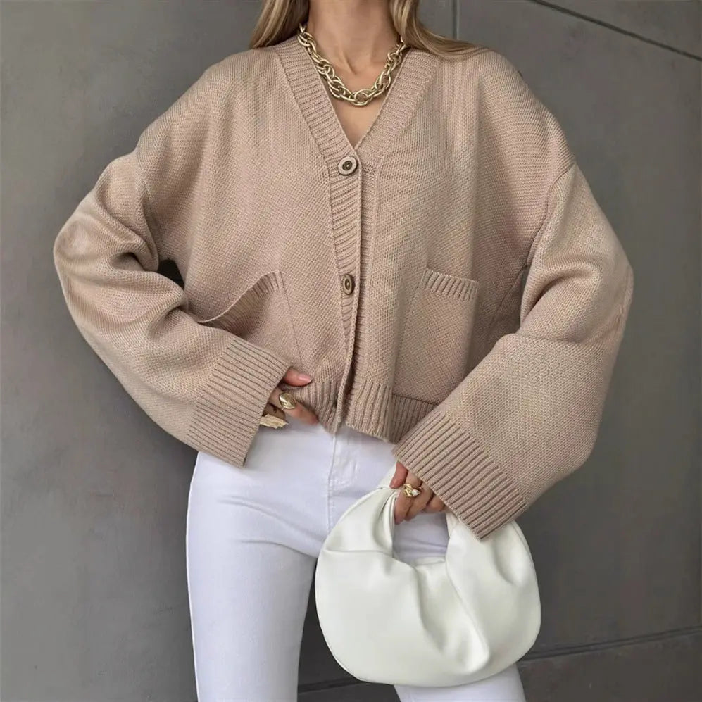 Cardigan en maille unie col V avec grandes poches pour femme ORIS WEAR