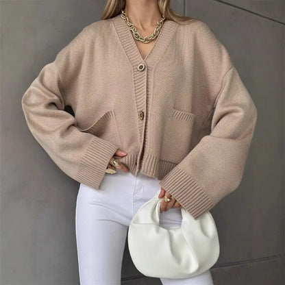 Cardigan en maille unie col V avec grandes poches pour femme ORIS WEAR