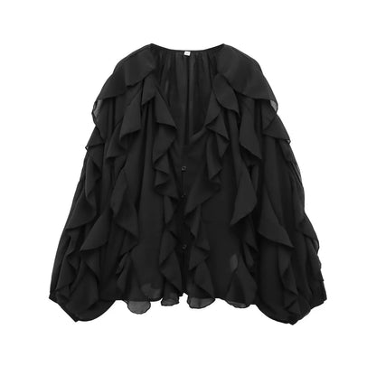 chemises à volants en maille bordeaux pour femmes, élégantes, manches longues ORIS WEAR