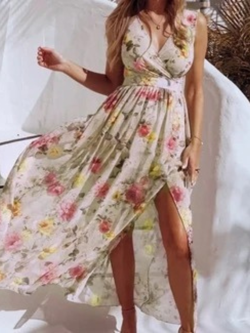 Robe Fendue Imprimé Col V en Chiffon ORIS WEAR