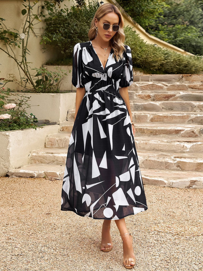 Robe d'Été Imprimée Col V Cintrée ORIS WEAR