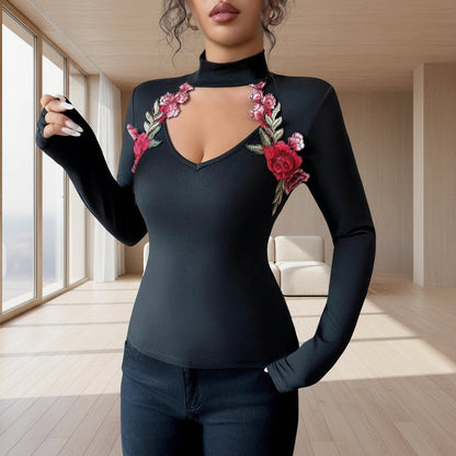 Body ajusté à col en V avec découpe et broderies florales pour femme ORIS WEAR