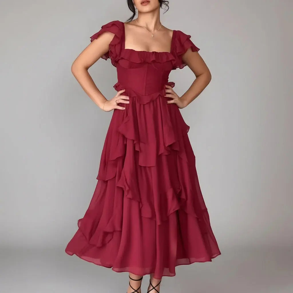 Robe longue rouge à volants élégante ORIS WEAR