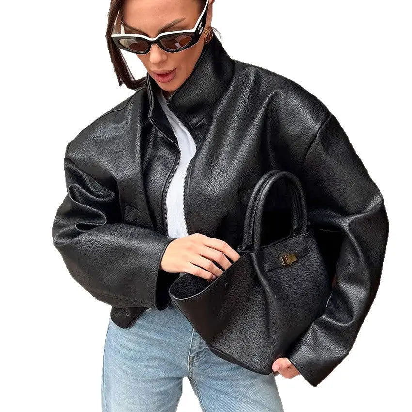Veste en cuir PU noir à coupe ample ORIS WEAR