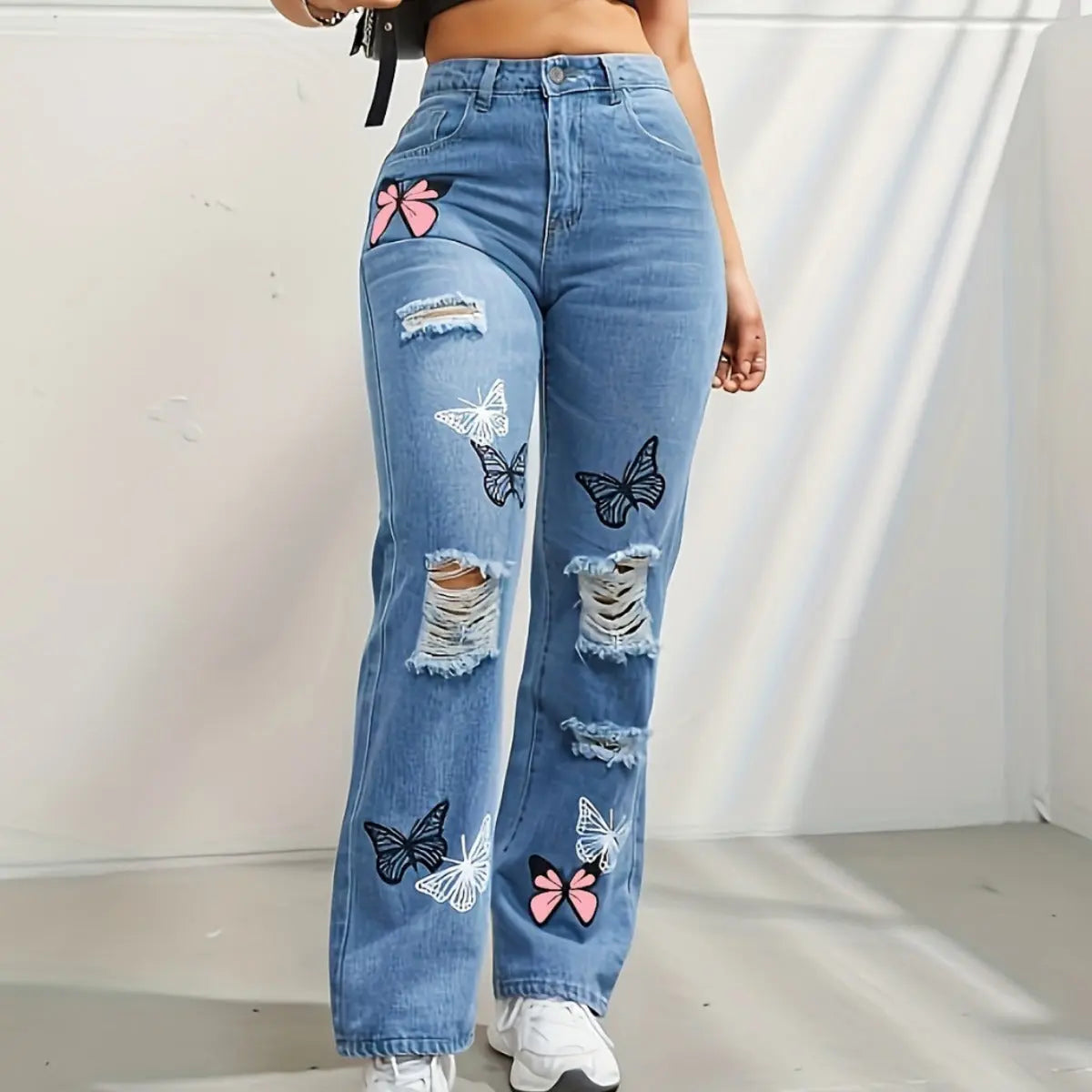 Jean Taille Haute à Imprimé Papillon &amp; Effet Usé ORIS WEAR