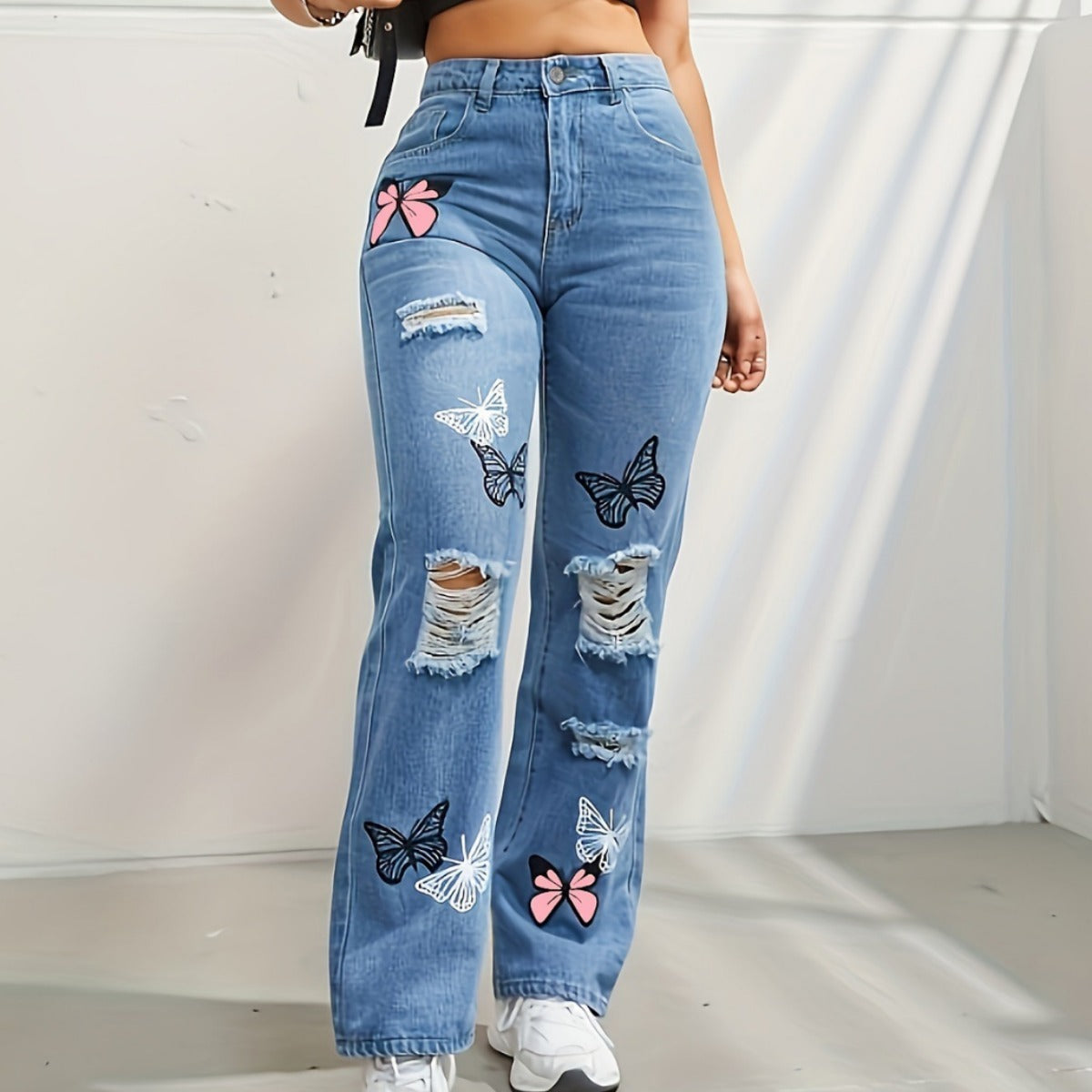 pantalon en denim déchiré à imprimé papillons 🦋 ORIS WEAR
