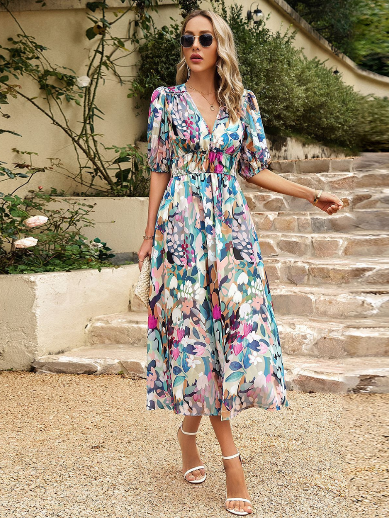 Robe d'Été Imprimée Col V Cintrée ORIS WEAR