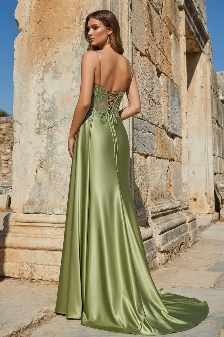 Paddy | Silver Spaghetti Straps Mermaid Appliqued Prom Dress With Split - KissProm