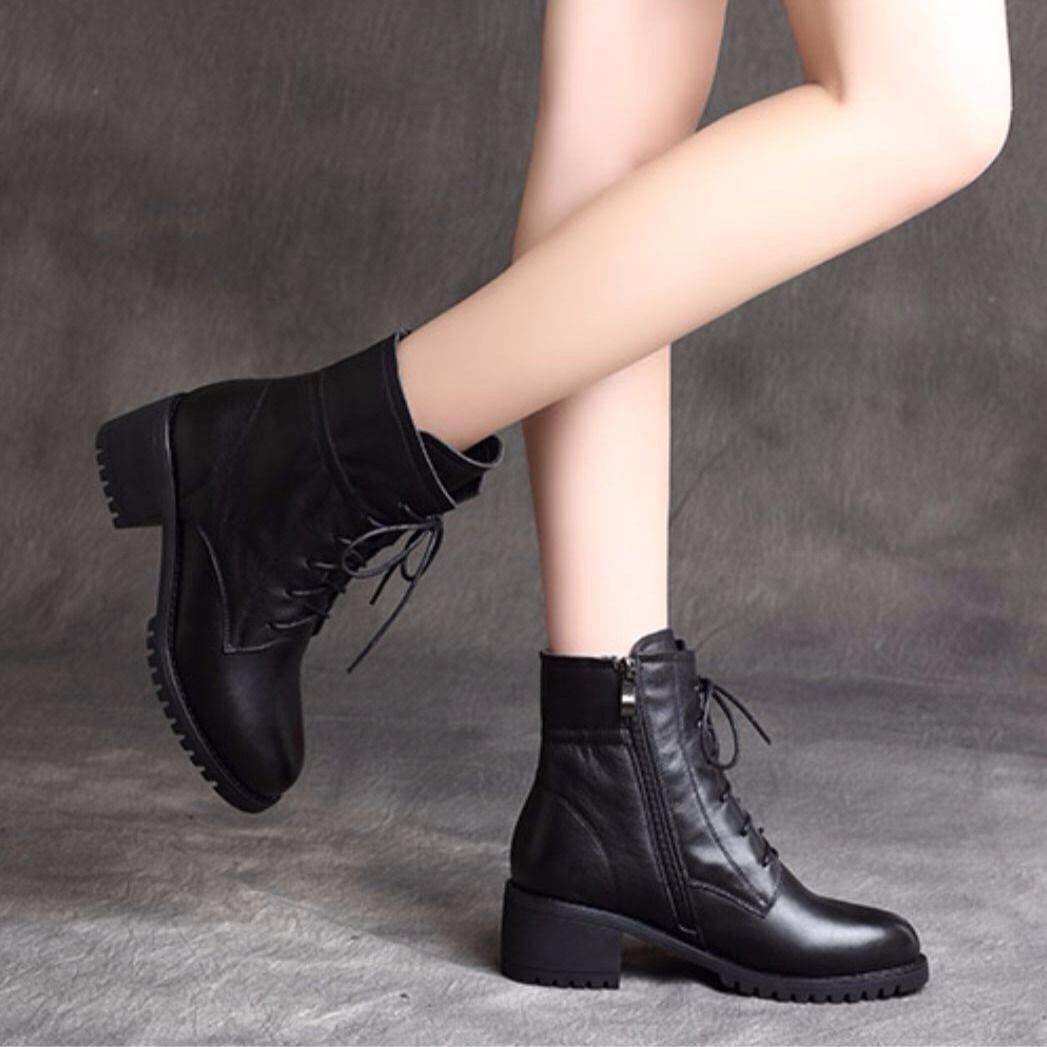 Bottes courtes à talons épais en cuir souple et velours ORIS WEAR