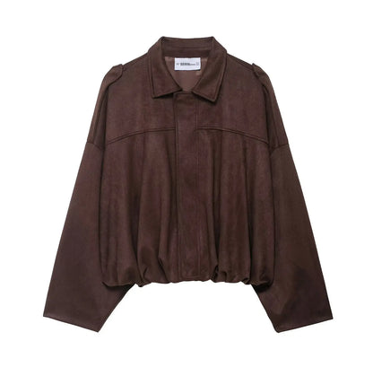 Blouson court oversize marron à col chemise pour femme ORIS WEAR