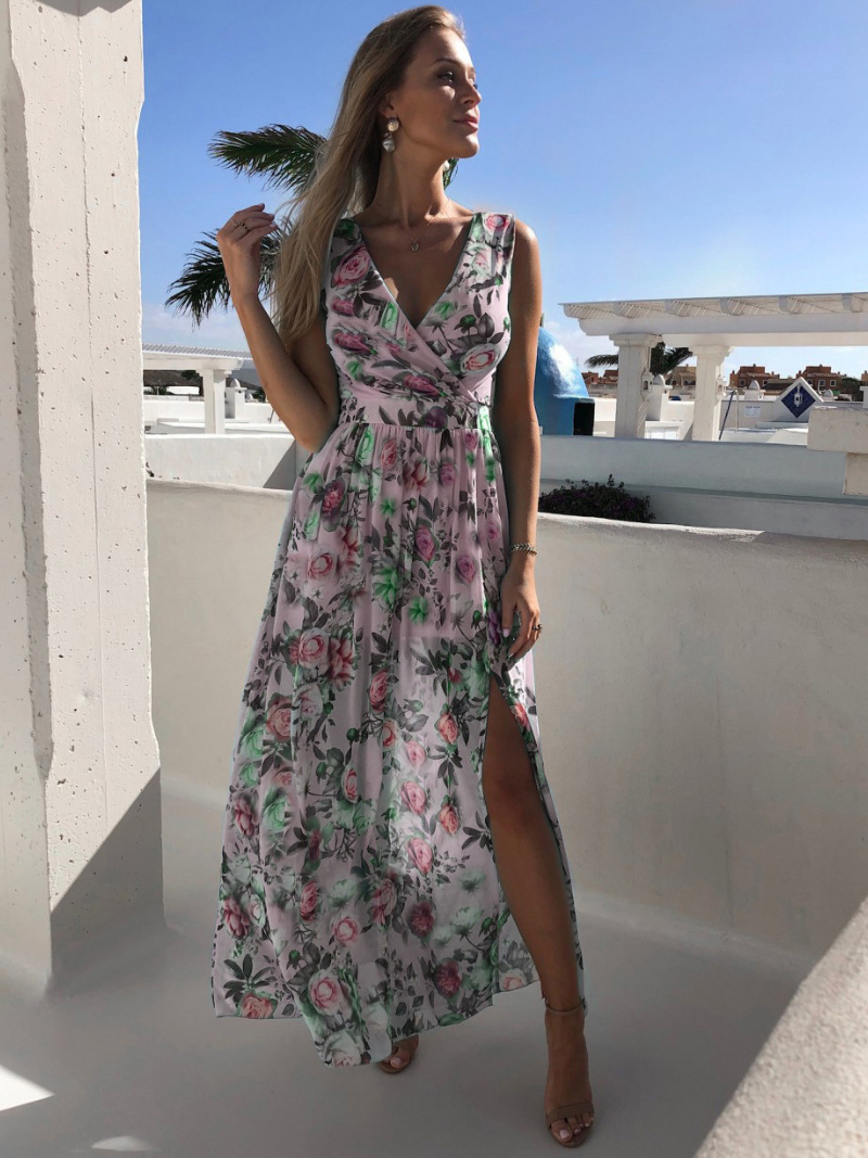 Robe Fendue Imprimé Col V en Chiffon ORIS WEAR