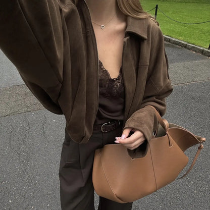 Blouson court oversize marron à col chemise pour femme ORIS WEAR