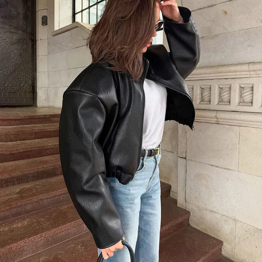 Veste en cuir PU noir à coupe ample ORIS WEAR
