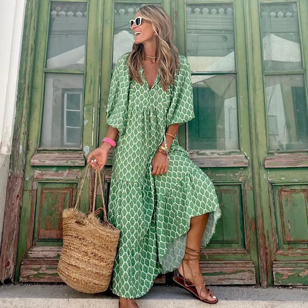 Summer Women's Vintage Printed Bohemian Dress Elegant Ladies Casual Loose V-Neck Short Sleeve Long Dresses ORIS WEAR