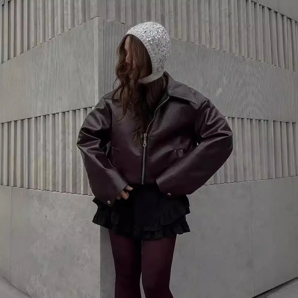 Veste en Cuir à Col Revers et Fermeture Éclair pour Femme ORIS WEAR