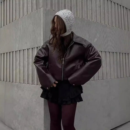 Veste en Cuir à Col Revers et Fermeture Éclair pour Femme ORIS WEAR