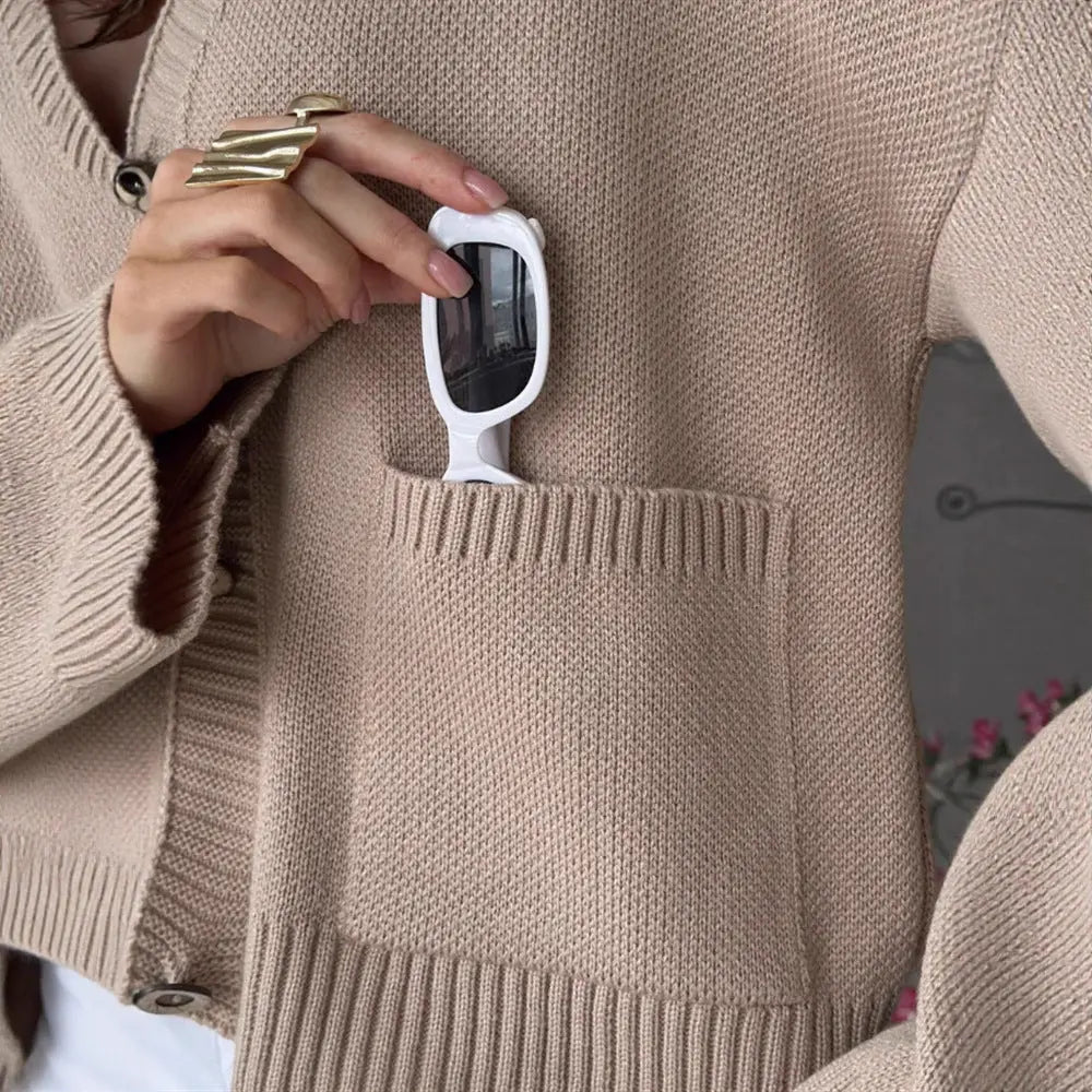Cardigan en maille unie col V avec grandes poches pour femme ORIS WEAR