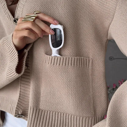 Cardigan en maille unie col V avec grandes poches pour femme ORIS WEAR