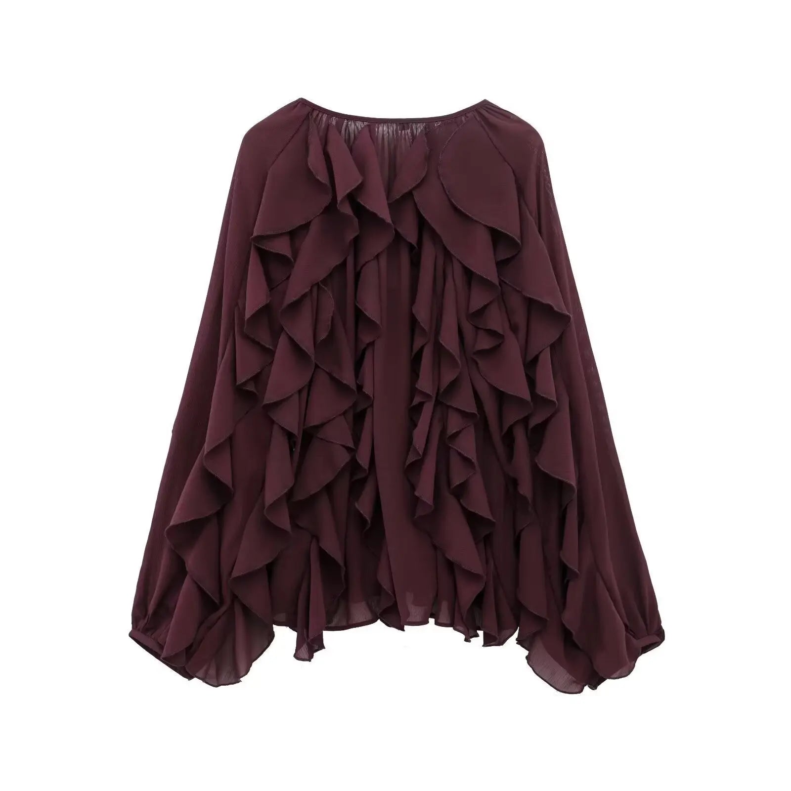 chemises à volants en maille bordeaux pour femmes, élégantes, manches longues ORIS WEAR