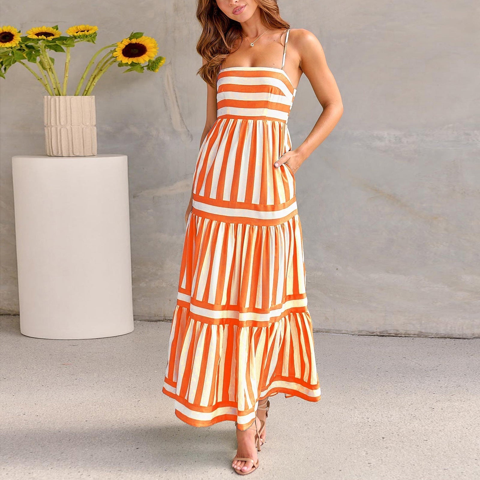 Robe Longue Rayée À Bretelles Avec Poches ORIS WEAR