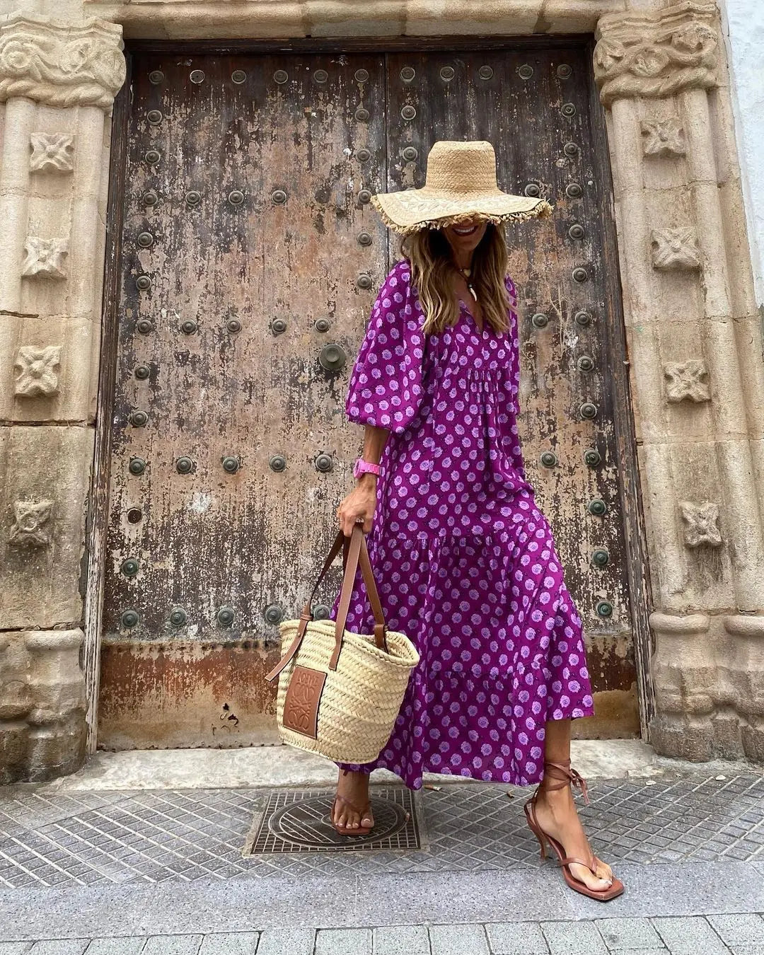 Summer Women's Vintage Printed Bohemian Dress Elegant Ladies Casual Loose V-Neck Short Sleeve Long Dresses ORIS WEAR
