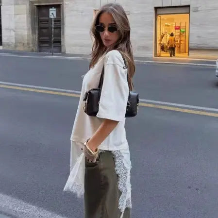 Summer Chic Fashion T-Shirt With A Patchwork Lace Hem ORIS WEAR