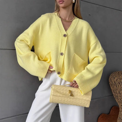 Cardigan en maille unie col V avec grandes poches pour femme ORIS WEAR