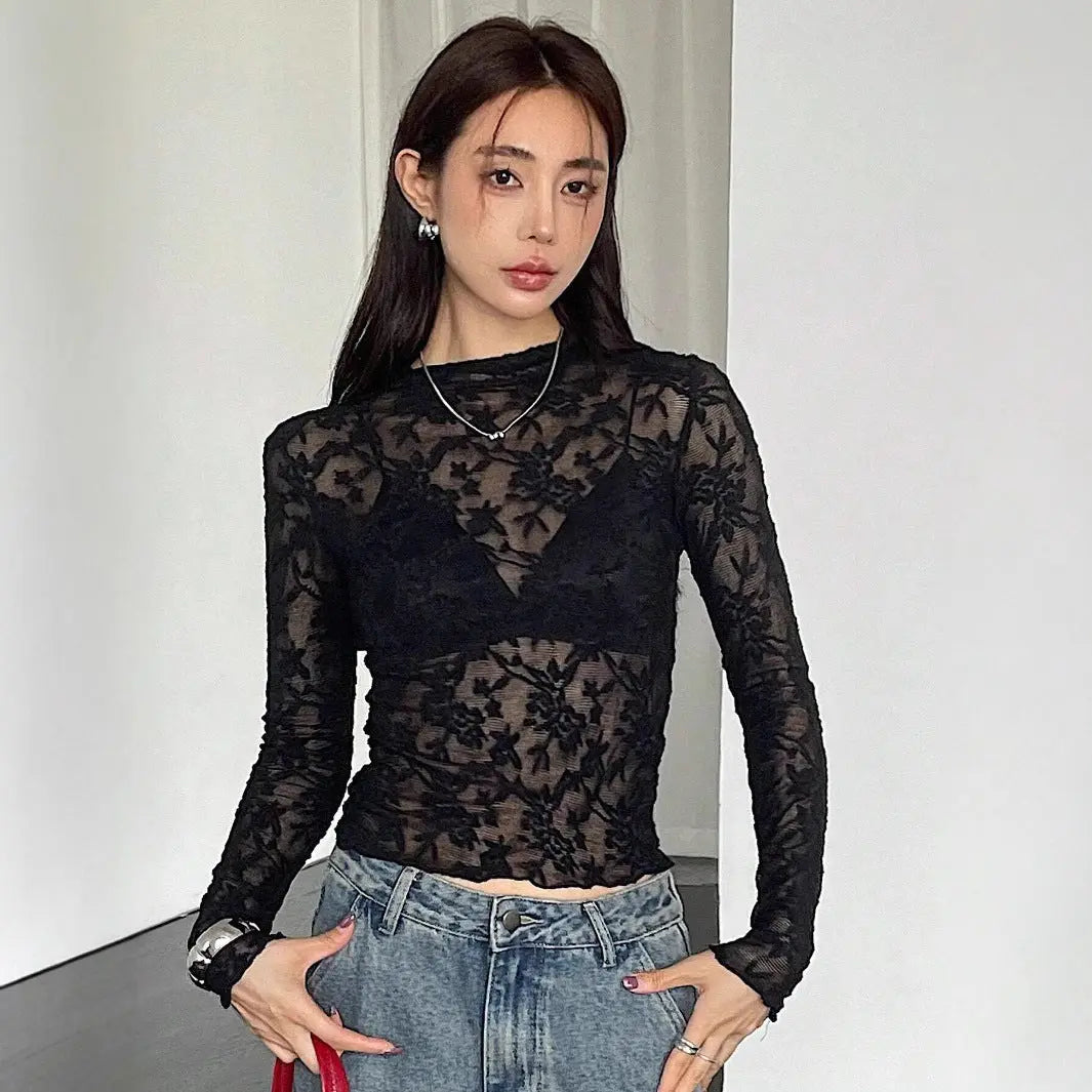 Womens Stand-Up Collar Sheer Lace Bodycon Long-Sleeve T-Shirt ORIS WEAR
