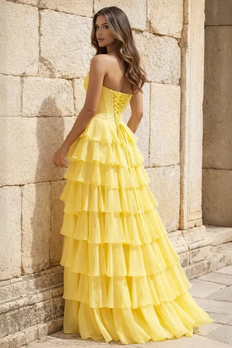 Strapless A - Line Ruffle Long Prom Dress With Split - KissProm