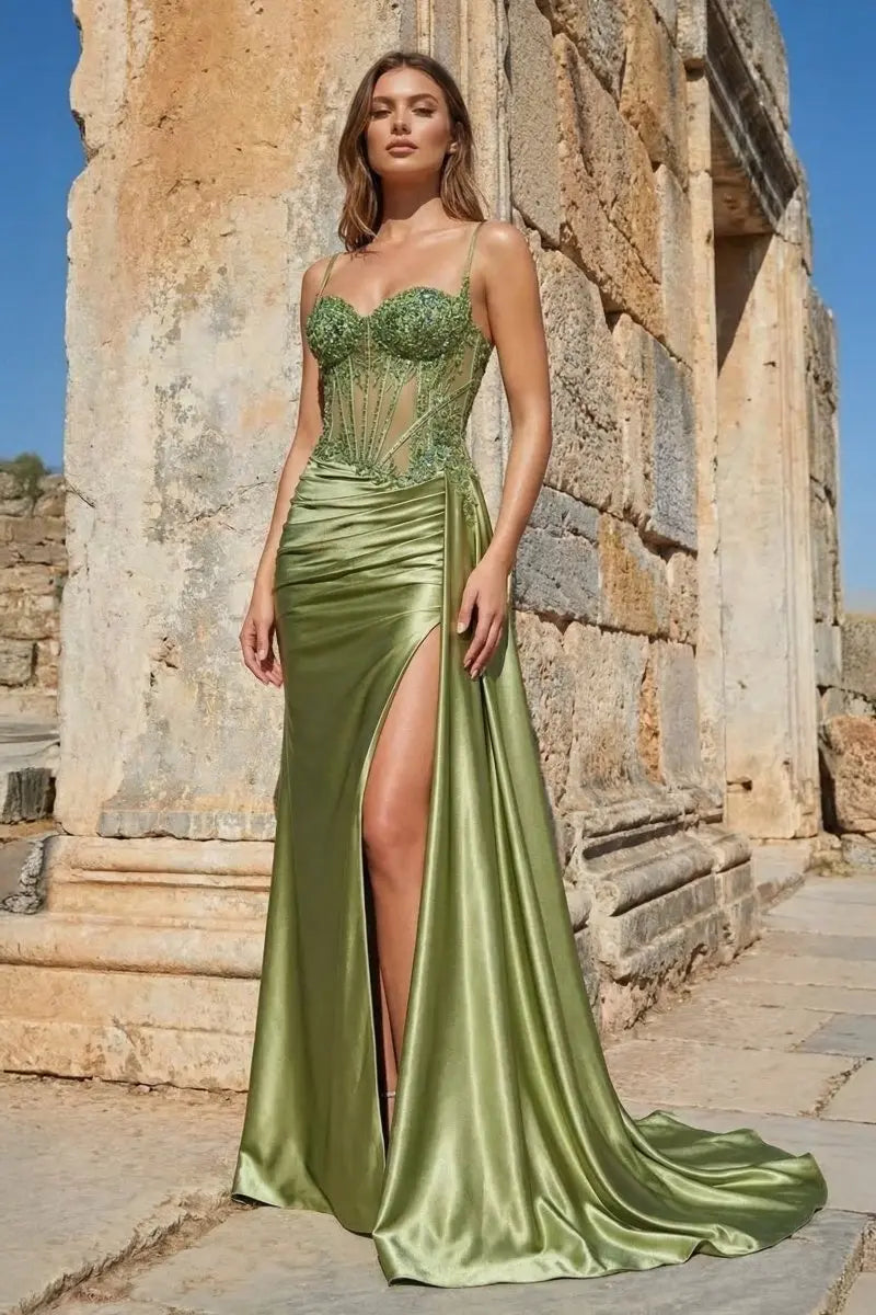 Paddy | Silver Spaghetti Straps Mermaid Appliqued Prom Dress With Split - KissProm