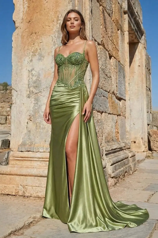 Paddy | Silver Spaghetti Straps Mermaid Appliqued Prom Dress With Split - KissProm