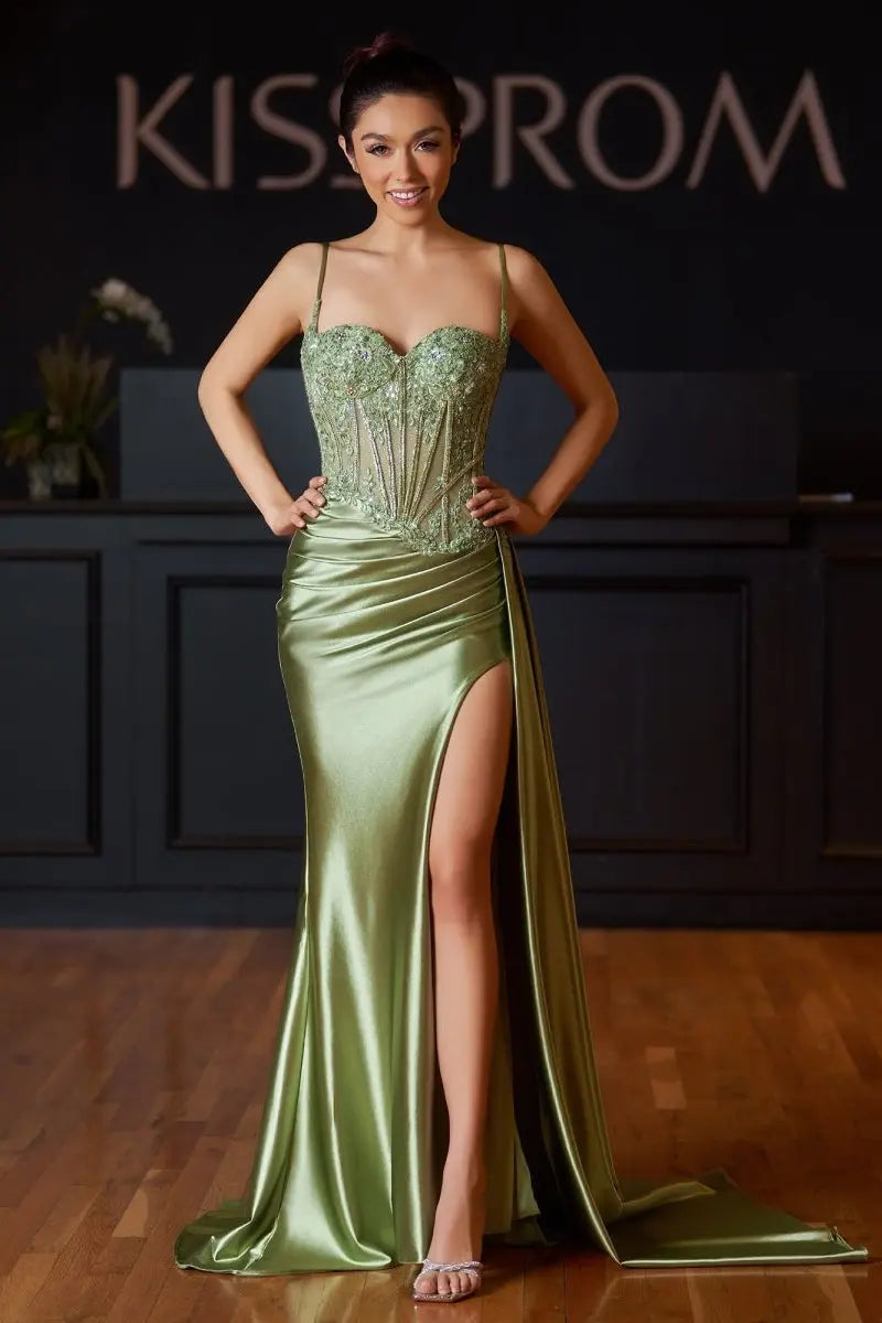 Paddy | Silver Spaghetti Straps Mermaid Appliqued Prom Dress With Split