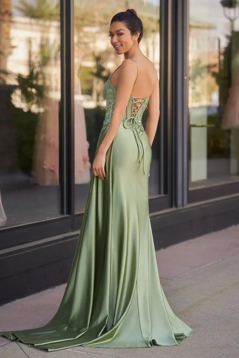 Paddy | Silver Spaghetti Straps Mermaid Appliqued Prom Dress With Split