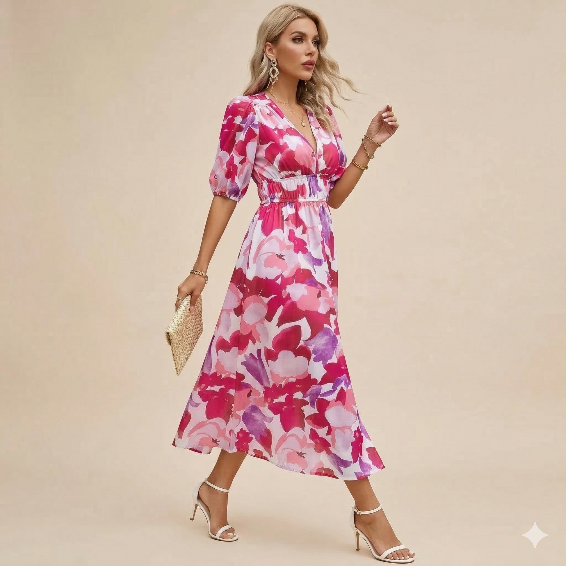 Robe d'Été Imprimée Col V Cintrée ORIS WEAR
