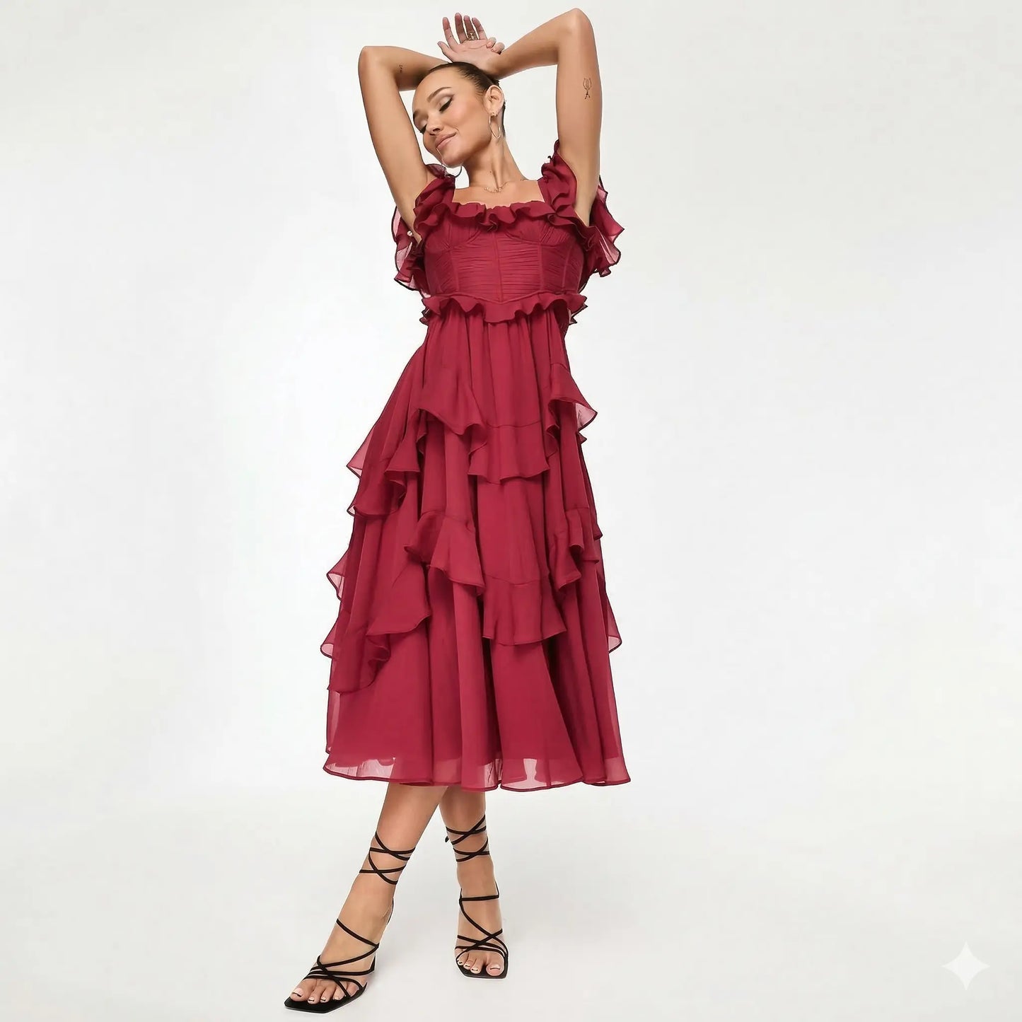 Robe longue rouge à volants élégante ORIS WEAR