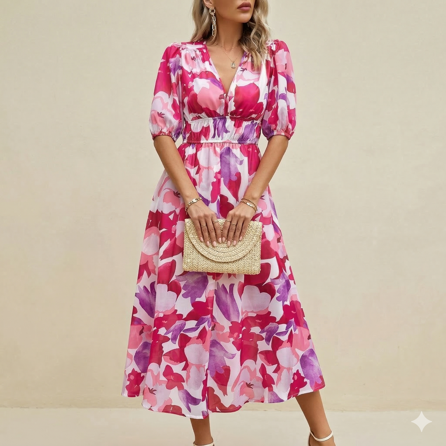 Robe d'Été Imprimée Col V Cintrée ORIS WEAR