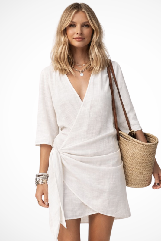 Lowri | Robe Mini Femme à Enveloppe avec Ceinture et Manches Courtes Celeste London