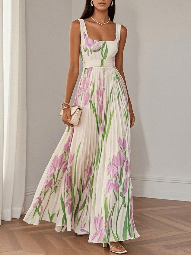 Robe longue femme fluide blanc et rose — ORIS WEAR