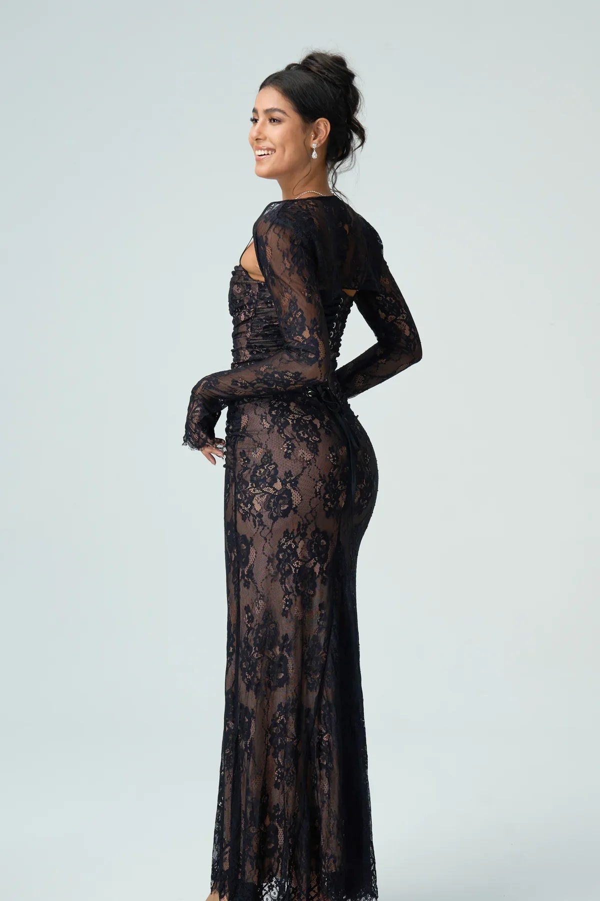 Robe Soirée Dentelle Noire Femme  |  Manches Longues Dos Nu Moulante ORIS WEAR