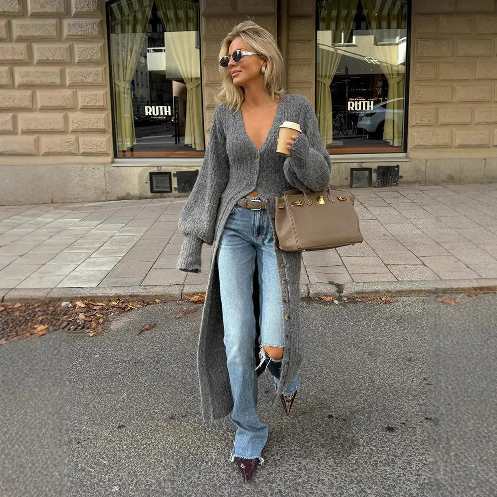 Robe longue femme fluide cardigan gris — ORIS WEAR