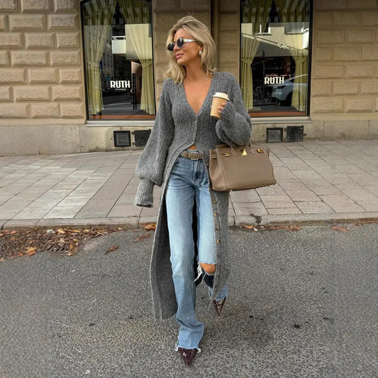 Cardigan Long en Maille Grise Décontracté ORIS WEAR