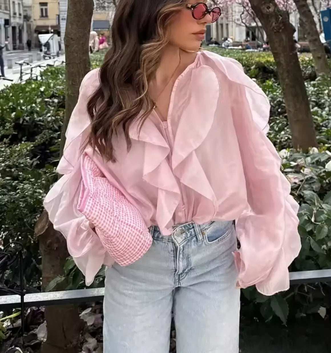 chemises à volants en maille bordeaux pour femmes, élégantes, manches longues ORIS WEAR