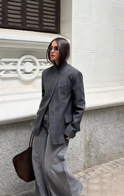Veste Femme Élégante à Col Montant et Motif à Carreaux ORIS WEAR
