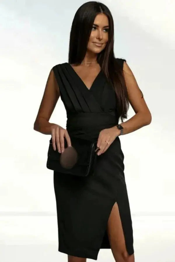 Robe Fendue Élégante à Col V et Taille Haute ORIS WEAR