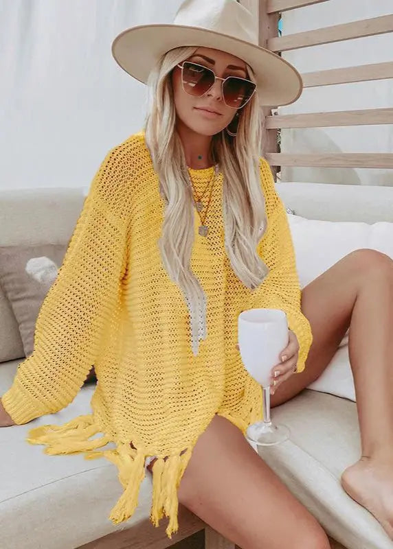 Poncho de plage en maille ajourée à franges ORIS WEAR