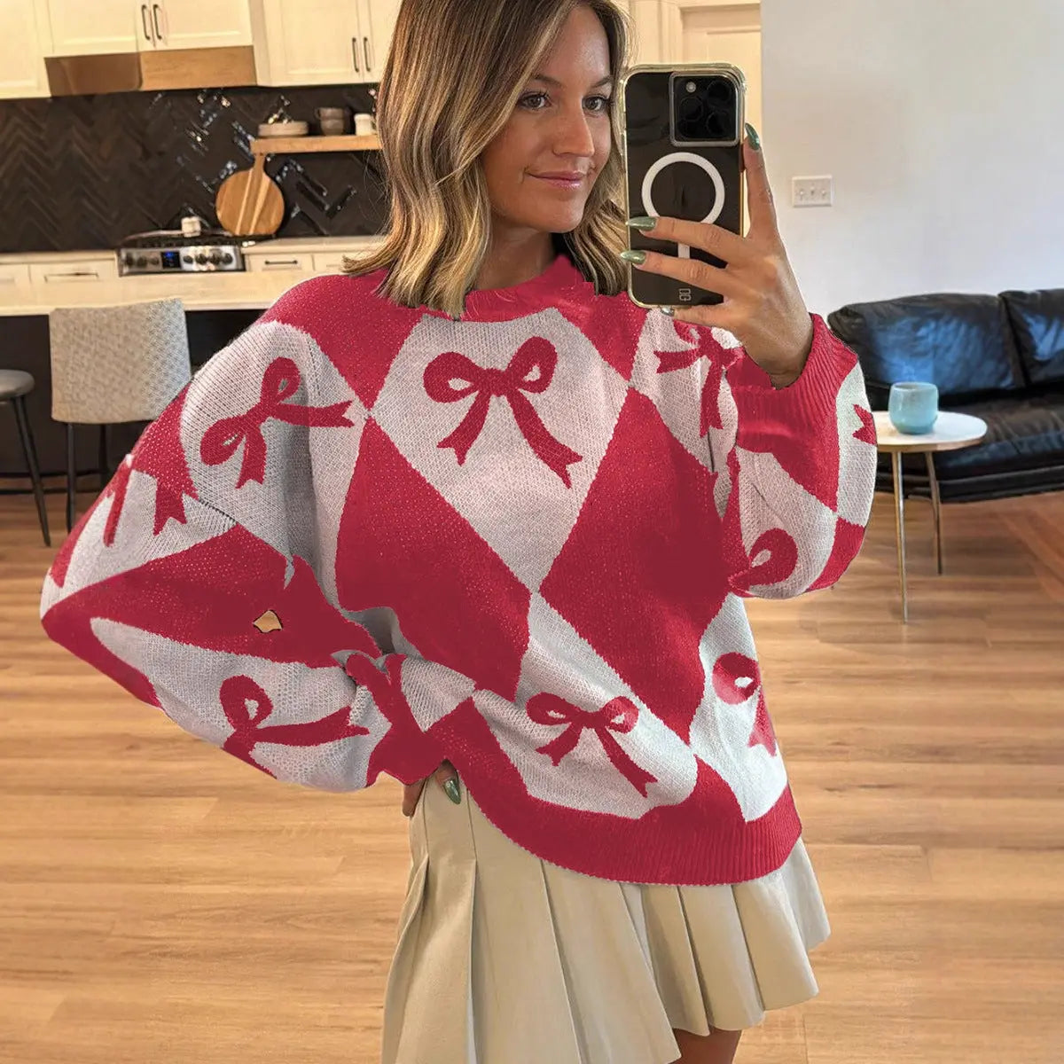 Pull tendance pour femme avec imprimé nœud et manches longues en maille ORIS WEAR