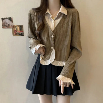 Haut deux-en-un chemise & cardigan – Style preppy féminin ORIS WEAR